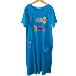Cover Charge Vintage Beach Summer Colorful Fish Print Blue Short Sleeve Maxi L